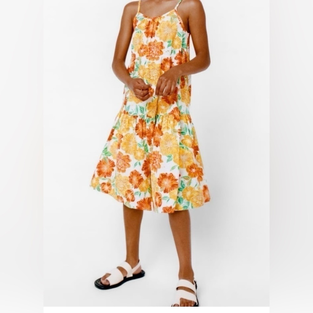 Zara Orange Floral Ruffled Linen Blend Sundress 11-12Y - Picture 2 of 13